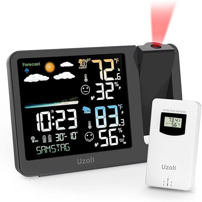 uzoli Projection Alarm Clock Weather Station, WWVB Atomic Projector Clock with Sensor, Adjustable Backlight, Indoor Outdoor Temperature Humidity, Digital Projection Clock for Bedroom Ceiling