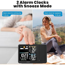 Load image into Gallery viewer, uzoli Projection Alarm Clock Weather Station, WWVB Atomic Projector Clock with Sensor, Adjustable Backlight, Indoor Outdoor Temperature Humidity, Digital Projection Clock for Bedroom Ceiling
