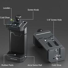 Load image into Gallery viewer, Aluminum Phone Mount for Tripod, Adjustable Phone Tripod Mount with Cold Shoe &amp; Arca Swiss Quick Release Plate,Universal Adjustable Clamp Suitable for iPhone 14 pro/13 Pro/12/11/Samsung
