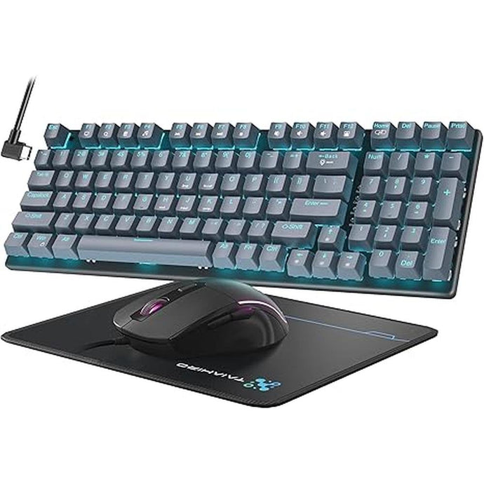 Mechanical Gaming Keyboard and Mouse, LED Backlit 98-Key Floating Keycap & 4 DPI RGB Gaming Mouse with Mouse Pad, Full Anti-Ghost Light Up Wired Computer Keyboards for MAC PC Gamer Accessories, Gray
