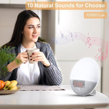 Load image into Gallery viewer, Wake Up Light, 10000 Lux UV Free Sun lamp Sunrise Alarm Clock, Dimmable 5 Brightness &amp; 4 Color Temperatures &amp; Timer, Dual Alarms &amp; Snooze, Sleep Aid with 10 Natural Sounds
