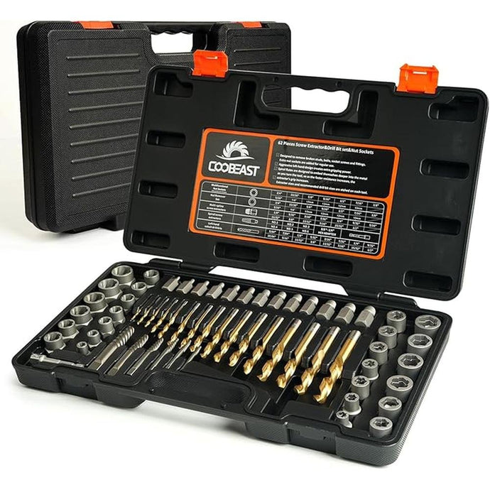 62Pcs Screw Extractor Set with Left Hand Drill Bit, Bolt Extractor Kit Heavy Duty, Easy Out Extractor Socket Set for Broken Nuts Bolts, Stripped Screw Remove with Portable Case