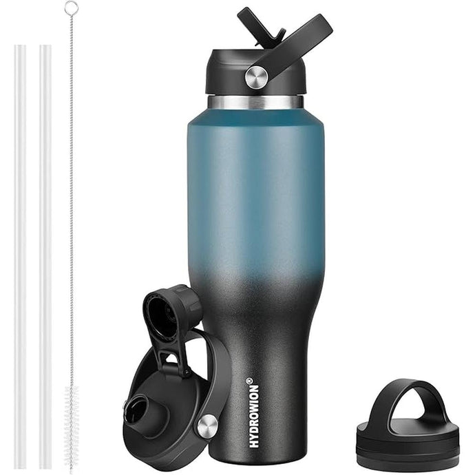 HYDROWION Insulated Water Bottles, Water Bottle fits in Car Cup Holder (Cold 48 hrs, Hot 24 hrs) with Straw Lid, Spout Lid and Flex Cap,T-shpaed Water Bottle Leakproof Travel Thermo Tumbler,Blue&Black