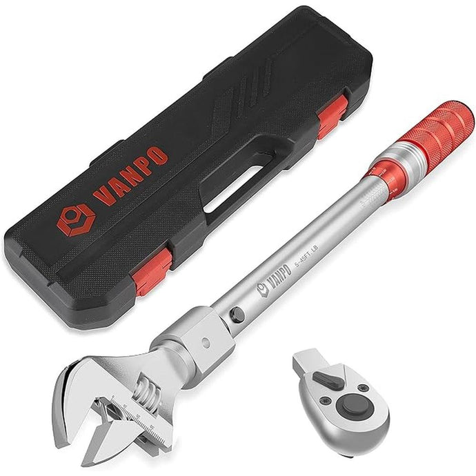 Adjustable Torque Wrench, 5-45 Ft.lb/7-61 Nm, 38MM Open End Torque Wrench, 3/8 Inch Drive Torque Wrench with Interchangeable Jaw & Ratchet Head for HVAC, Car, Moto, Narrow Pipeline