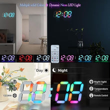 Load image into Gallery viewer, KOSUMOSU LED Wall Clock 15" RGB Digital LED Clock for Living Room Decor, Large Display Gaming Room Clocks, Dimming/12/24 Hr Time/Date/Temp/Remote (White Clock with Neon Light)
