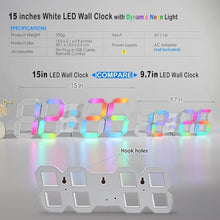 Load image into Gallery viewer, KOSUMOSU LED Wall Clock 15" RGB Digital LED Clock for Living Room Decor, Large Display Gaming Room Clocks, Dimming/12/24 Hr Time/Date/Temp/Remote (White Clock with Neon Light)
