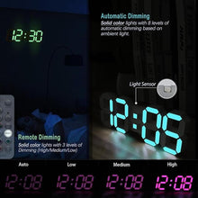 Load image into Gallery viewer, KOSUMOSU LED Wall Clock 15" RGB Digital LED Clock for Living Room Decor, Large Display Gaming Room Clocks, Dimming/12/24 Hr Time/Date/Temp/Remote (White Clock with Neon Light)
