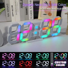 Load image into Gallery viewer, KOSUMOSU LED Wall Clock 15" RGB Digital LED Clock for Living Room Decor, Large Display Gaming Room Clocks, Dimming/12/24 Hr Time/Date/Temp/Remote (White Clock with Neon Light)
