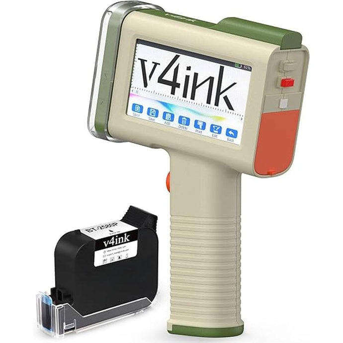 v4ink Handheld Printer BT-HH6105B2 Beige Handheld Inkjet Printer Print 0.5 Inch QR Code Barcode Date Logo Batch Number on Glass Bag Plastic Pipe with Waterproof Fast Dry Ink