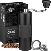 Load image into Gallery viewer, COLETTI Crag Manual Coffee Grinder — Hand Coffee Grinder — CNC Burr Precision Hand Grind, Heavy Duty for Travel, Camping, Hiking &amp; Adventure – Includes Brush [Black Coat]
