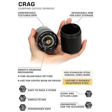Load image into Gallery viewer, COLETTI Crag Manual Coffee Grinder — Hand Coffee Grinder — CNC Burr Precision Hand Grind, Heavy Duty for Travel, Camping, Hiking &amp; Adventure – Includes Brush [Black Coat]
