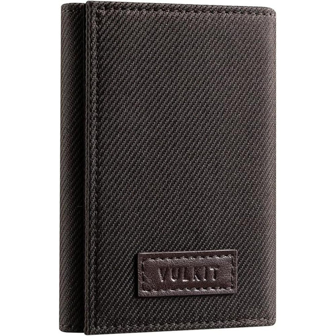 VULKIT Minimalist Leather Rfid Blocking Trifold Wallet Slim Credit Card Holder with 3 ID windows & Zipper Pocket for Men (Brown)
