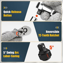 Load image into Gallery viewer, 3/8&quot; Drive Flex Head Ratchet, 72 Tooth Swivel Head Ratchet, Quick-Release, CR-V Steel, Flexible Ratchet Wrench with EVA Foam | 10 Inch Long
