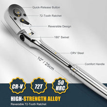 Load image into Gallery viewer, 3/8&quot; Drive Flex Head Ratchet, 72 Tooth Swivel Head Ratchet, Quick-Release, CR-V Steel, Flexible Ratchet Wrench with EVA Foam | 10 Inch Long

