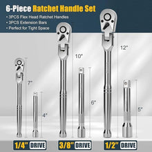 Load image into Gallery viewer, 6-Piece Flex Head Ratchet Set, 1/4&quot;, 3/8&quot;, 1/2&quot; Drive, Swivel Head Ratchet Wrench with Extension Bar, 72 Tooth, 180° Adjustable, Quick-Release, Flexible Ratchet Handle with EVA Foam
