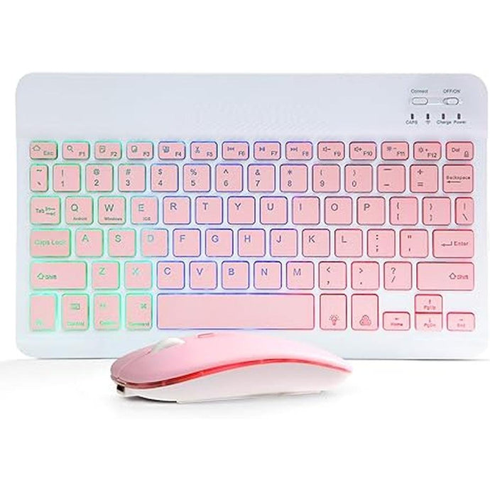 Bluetooth Keyboard and Mouse Combo for iPad - Rechargeable Wireless Keyboard & Mouse with 7-Color Backlit Compatible with iPad 9th/8th Gen, iPad Pro/Air/Mini, iPhone14/13/12 Pro,(10 inch Pink)
