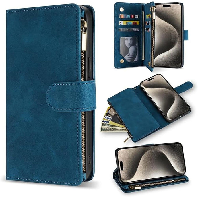 ZZXX for iPhone 15 Pro Max Case Wallet with [RFID Blocking] Card Slot Premium Soft PU Leather Folio Flip with Wrist Strap Protective Phone Cover for iPhone 15 Pro Max Wallet Case(Blue-6.7 inch)
