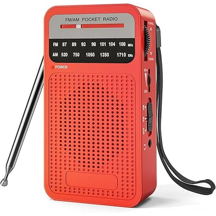 Portable Radio AM FM with Long Range Reception, Goodes Transistor Radio with Loud Speaker, 2AA Battery Operated, Headphone Jack for Indoor, Outdoor and Emergency Use-Red