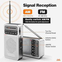 Load image into Gallery viewer, Portable Radio AM FM with Long Range Reception, Goodes Transistor Radio with Loud Speaker, Headphone Jack, 2AA Battery Operated for Indoor, Outdoor and Emergency Use - Silver

