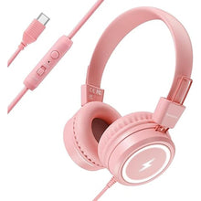 Load image into Gallery viewer, Kids Headphones with LED Lights for School, Upgrade USB Type C Kid Headphone with Microphone, Volume Limiter 85/94dB, Wired On Ear Headphones for Boys/Girls/Tablet/Travel -Pink
