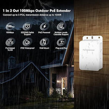 Load image into Gallery viewer, Outdoor PoE Passthrough Switch - 1 In 3 Out Extender, IEEE802.3af/at Powered, 100Mbps Ethernet, Wall Mount Waterproof Plug and Play
