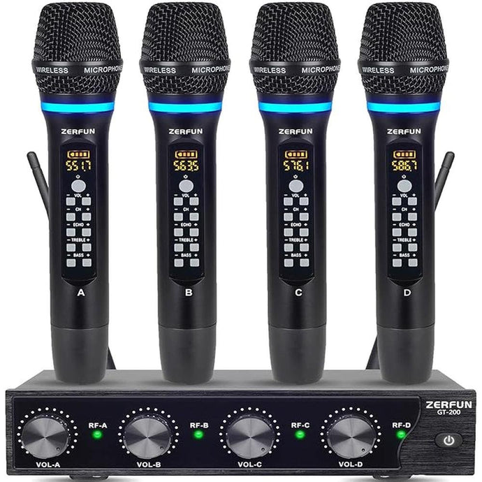 4 Channel Rechargeable Wireless Microphone System, Pro UHF Metal Handheld Wireless Microphones Cordless Mics with Echo Treble BASS VOL Channel Control for Karaoke Singing Church(GT-200)