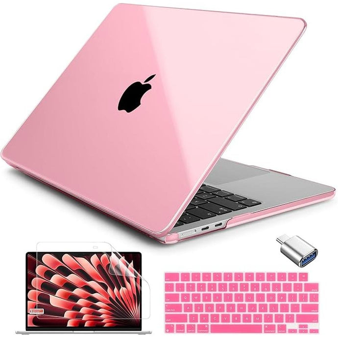 Batianda Compatible with New MacBook Air 15 inch Case 2024 M3 M2 Chip Model A3114/A2941, Hard Shell Case with Screen Protector Silicone Keyboard Cover and OTG Adapter, Crystal Pink