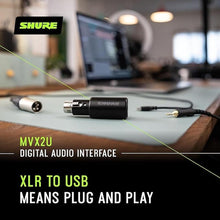 Load image into Gallery viewer, Shure MVX2U XLR-to-USB Digital Interface with Headphone Jack, Integrated Pre-amp with 60dB Gain Control, Zero-Latency Monitoring, 48V Phantom Power, ShurePlus Desktop App, 1m USB-C Cable
