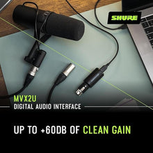Load image into Gallery viewer, Shure MVX2U XLR-to-USB Digital Interface with Headphone Jack, Integrated Pre-amp with 60dB Gain Control, Zero-Latency Monitoring, 48V Phantom Power, ShurePlus Desktop App, 1m USB-C Cable
