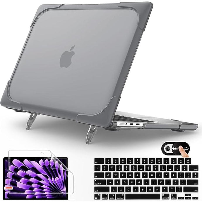 Mektron Shockproof Case for MacBook Air 15 inch 2024/2023 with M3/M2 Chip Model A2941/ A3114, 15.3” Heavy Duty Protective Hard Shell Cover with Fold Kickstand with Keyboard Skin, Gray