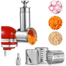 Load image into Gallery viewer, Large Stainless Steel Slicer Shredder Attachment for KitchenAid Mixers, Dishwasher Safe Salad Maker, Cheese Grater Accessories with 3 Blades &amp; 1 Knob Thumb Screw
