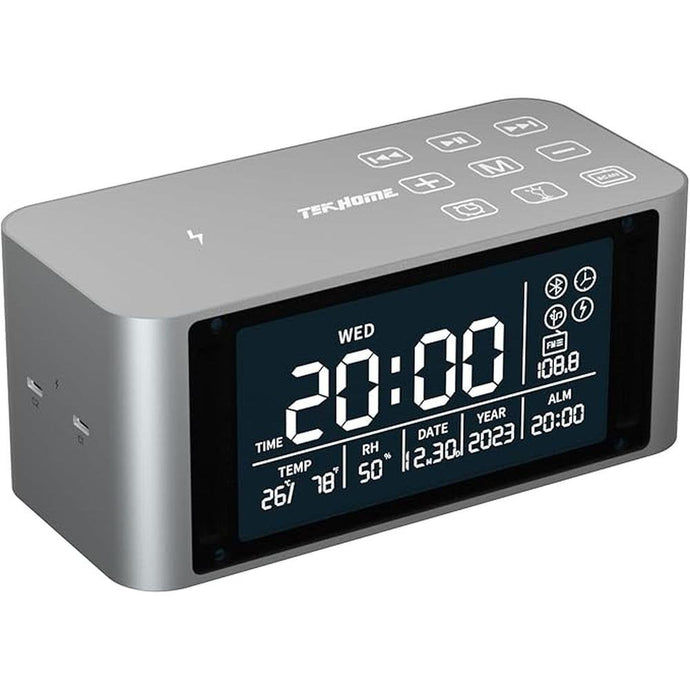 Bluetooth Speaker with Digital Alarm Clock, Wireless Charger, FM Clock Radio,Super Loudspeaker,Dimmable LED Display for Bedroom,Home, Adaptor