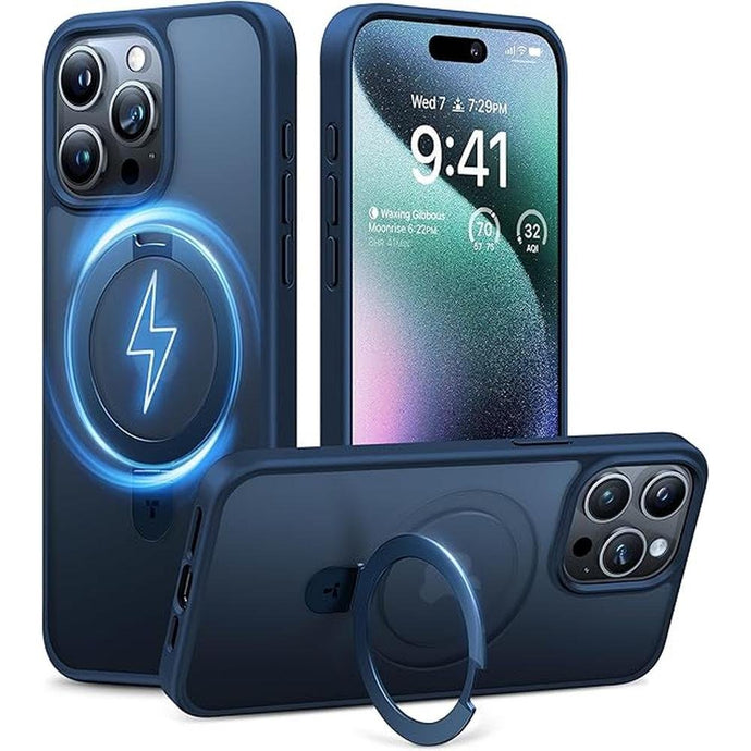 TORRAS Ultra Magnetic Ostand for iPhone 15 Pro Case [Fit for MagSafe] [Sturdy Stand & Ring Holder] Military-Grade Shockproof Matte Anti-Scratch Slim Protective Kickstand Phone Case, Navy Blue 6.1 inch