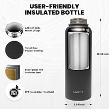 Load image into Gallery viewer, Insulated Water Bottle 40 oz, Triple Wall Vacuum Stainless Steel (Cold for 48 Hrs), Leak Proof &amp; Non-BPA, Modern Water Flask Jug with Paracord Handle &amp; Straw Spout Lids, Magic Black
