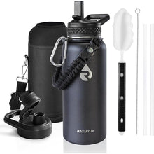 Load image into Gallery viewer, Insulated Water Bottle 32 oz, Triple Wall Vacuum Stainless Steel (Cold for 48 Hrs), Leak Proof &amp; Non-BPA, Modern Water Flask Jug with Paracord Handle &amp; Straw Spout Lids, Magic Black
