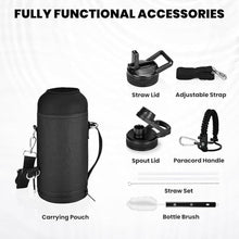 Load image into Gallery viewer, Insulated Water Bottle 32 oz, Triple Wall Vacuum Stainless Steel (Cold for 48 Hrs), Leak Proof &amp; Non-BPA, Modern Water Flask Jug with Paracord Handle &amp; Straw Spout Lids, Magic Black
