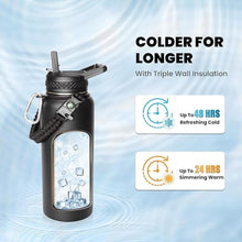 Load image into Gallery viewer, Insulated Water Bottle 32 oz, Triple Wall Vacuum Stainless Steel (Cold for 48 Hrs), Leak Proof &amp; Non-BPA, Modern Water Flask Jug with Paracord Handle &amp; Straw Spout Lids, Magic Black
