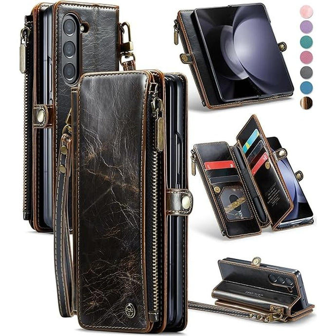 Defencase Wallet Case Compatible with Samsung Galaxy Z Fold 5 with RFID Blocking Card Holder & S Pen Holder Slot PU Leather Magnetic Snap Flip Zipper Strap Phone Case Fit for Galaxy Z Fold 5, Coffee