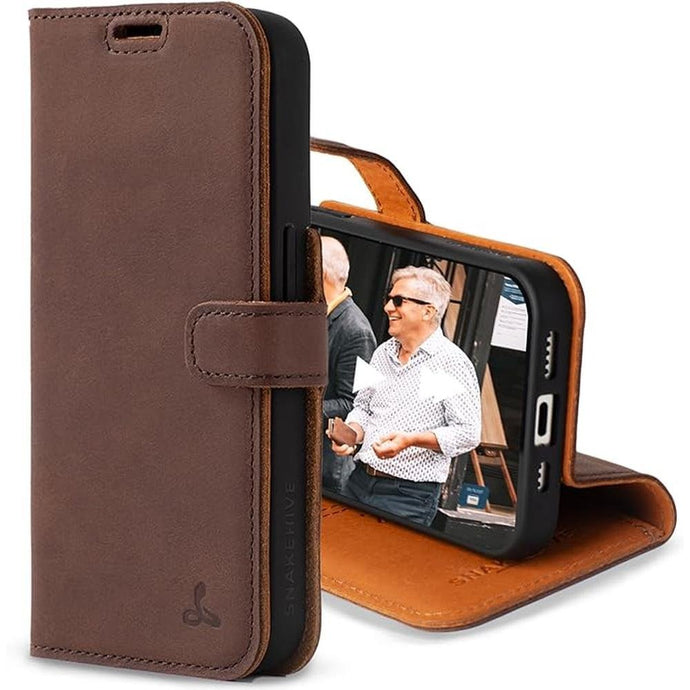 Snakehive Leather Wallet for iPhone 15 Pro - Real Leather Wallet Phone Case - Genuine Leather with Viewing Stand and 3 Card Holder - Flip Folio Cover with Card Slot (Brown)