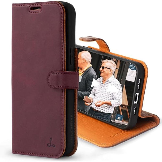 Snakehive Leather Wallet for iPhone 15 Pro Max - Real Leather Wallet Phone Case - Genuine Leather with Viewing Stand and 3 Card Holder - Flip Folio Cover with Card Slot (Plum)