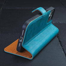 Load image into Gallery viewer, Snakehive Leather Wallet for iPhone 15 Plus - Real Leather Wallet Phone Case - Genuine Leather with Viewing Stand and 3 Card Holder - Flip Folio Cover with Card Slot (Teal)
