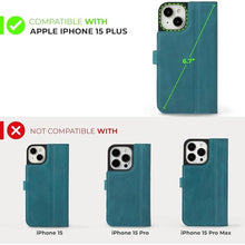 Load image into Gallery viewer, Snakehive Leather Wallet for iPhone 15 Plus - Real Leather Wallet Phone Case - Genuine Leather with Viewing Stand and 3 Card Holder - Flip Folio Cover with Card Slot (Teal)

