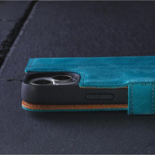 Load image into Gallery viewer, Snakehive Leather Wallet for iPhone 15 Plus - Real Leather Wallet Phone Case - Genuine Leather with Viewing Stand and 3 Card Holder - Flip Folio Cover with Card Slot (Teal)
