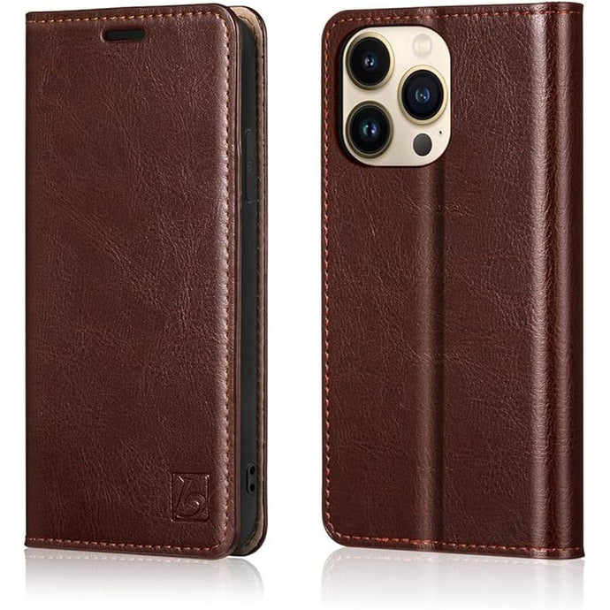 Belemay Compatible with iPhone 15 Pro Case Wallet-Genuine Leather-RFID Blocking Card Holders-Shockproof TPU Shell-Kickstand-Durable Flip Cover-Book Folding Phone Case Women Men (6.1-inch) Brown