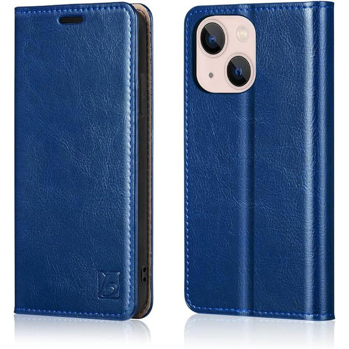 Belemay Case Compatible with iPhone 15 Wallet Case-Genuine Leather-RFID Blocking Card Holders-Shockproof TPU Shell-Kickstand-Durable Flip Cover-Book Folding Phone Case Women Men (6.1-inch) Blue