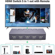 Load image into Gallery viewer, UGREEN HDMI Switch 5 in 1 Out 4K@60Hz, HDMI Splitter with Remote 5 Port Switcher Selector Box Support 3D CEC HDR HDCP2.2 Compatible with PS5/4/3 Xbox Nintendo Switch Roku TV Fire Stick Grey
