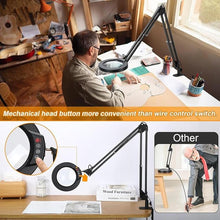 Load image into Gallery viewer, 10X Large Magnifying Glass with Light and Stand, KRSTLV 2 x 16 Inch Adjustable Swivel Arm LED Desk Lamp with Clamp, 5 Color Modes Stepless Dimmable, Lighted Magnifier Hands Free for Close Work, Hobby
