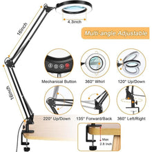 Load image into Gallery viewer, 10X Large Magnifying Glass with Light and Stand, KRSTLV 2 x 16 Inch Adjustable Swivel Arm LED Desk Lamp with Clamp, 5 Color Modes Stepless Dimmable, Lighted Magnifier Hands Free for Close Work, Hobby
