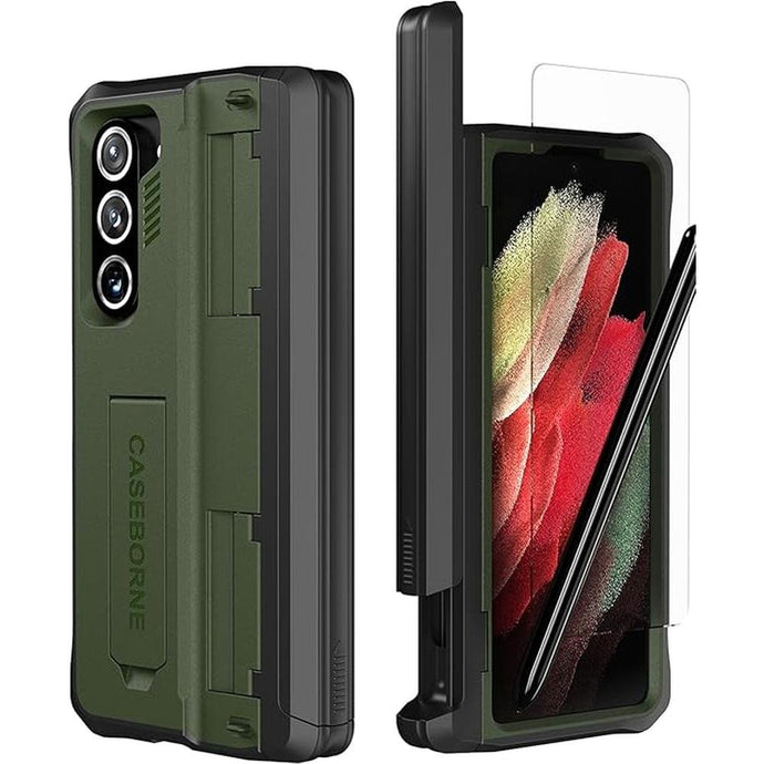 CaseBorne V Compatible with Samsung Galaxy Z Fold 5 Case - Full Body Protective Case with Hinge Cover, [Tempered Glass Screen Protector], Kickstand and S Pen Holder, [Recycled Materials] Green