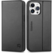 Load image into Gallery viewer, SHIELDON Case for iPhone 15 Pro Max 6.7&quot;, Genuine Leather Wallet Folio Case [Magnetic Closure] [RFID Blocking Card Slot] [Kickstand] Full Protection Case Compatible with iPhone 15 Pro Max 2023 - Black
